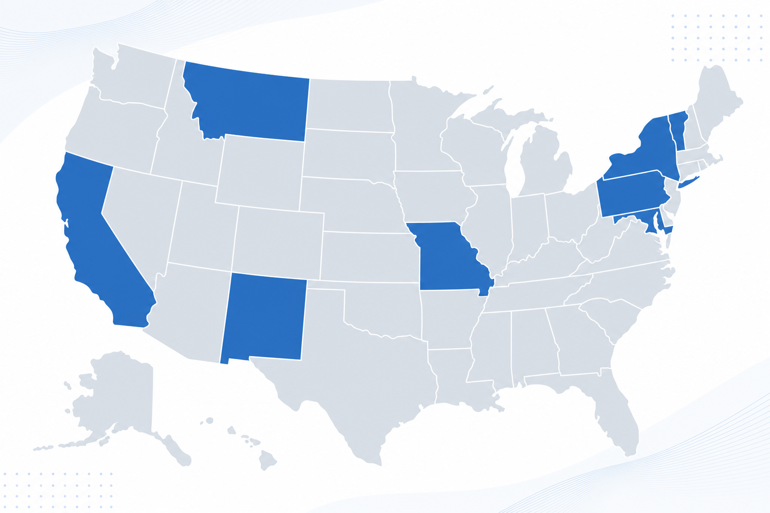 A clean, modern illustration showing a map of the United States with 8 states highlighted in a different color to represent states that tax Social Security benefits. The map should have a professional, editorial style with a blue and gray color palette. The design should be simple and data-visualization focused, showing geographic distribution without any text labels or letters.
