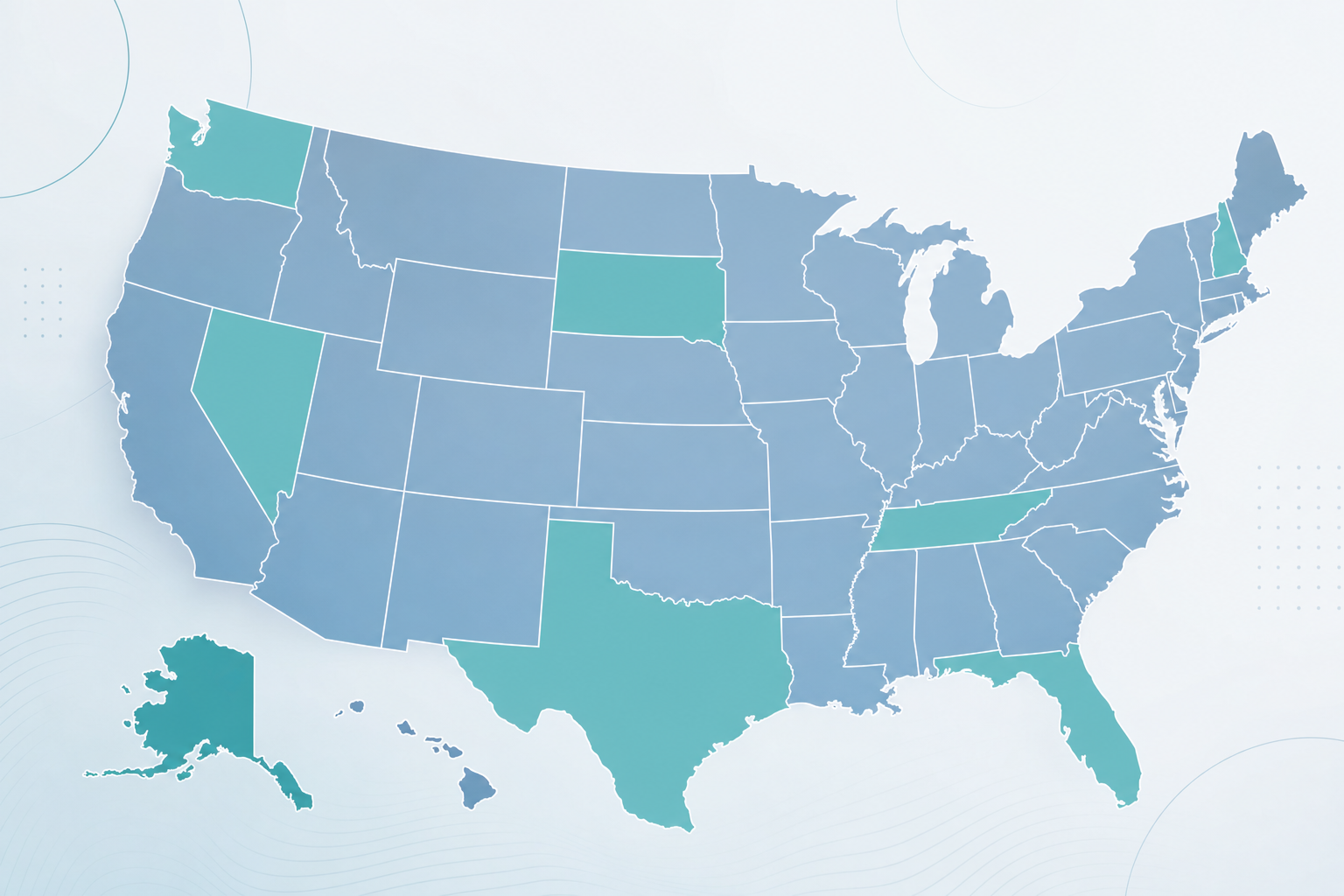 A clean, modern illustration showing a conceptual map of the United States with 9 states subtly highlighted or distinguished to represent states with no income tax. The design should be professional and editorial in style, using a blue and teal color palette. The map should be simple and data-visualization focused, showing geographic distribution without any text, labels, numbers, or letters. The style should be minimalist with a financial planning aesthetic.