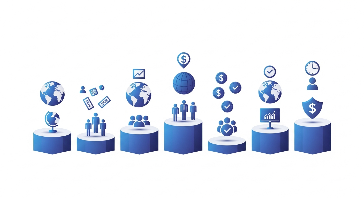 Modern professional infographic illustration showing a side-by-side comparison concept for global business services. Six distinct podiums or platforms arranged in a row, each with different heights representing different service providers. Visual elements include: globe icons, employee figures, payment symbols, checkmarks, and clock icons floating above each platform. Clean, minimalist design with blue and purple gradient colors, isometric perspective, professional corporate style. No text, words, letters, or numbers visible anywhere in the image.