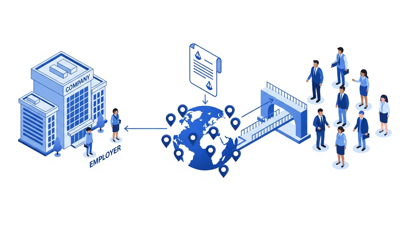 Modern professional illustration showing a global business employment relationship structure. In the center, a legal document or contract icon connected to a world globe with multiple country location pins. Three distinct elements: a company office building on one side, employees/workers in different countries represented by diverse professional figures on another side, and a third-party intermediary platform or bridge connecting them. Clean, minimalist design with blue and purple gradient colors, isometric perspective, professional corporate style without any text or letters.