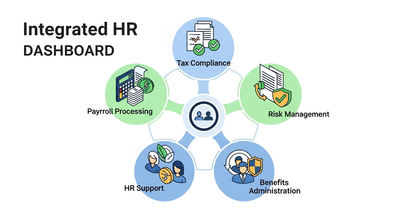 A modern, clean business illustration showing an integrated HR software dashboard concept. Display five interconnected modules or sections arranged in a circular or hub-and-spoke layout: payroll processing with calculator and payment symbols, tax compliance with document and checkmark icons, benefits administration with health and retirement symbols, HR support with employee profile icons, and risk management with shield and protection symbols. Use a professional color scheme with blues, greens, and whites. Isometric or semi-flat design style showing how all components connect to a central unified platform. No text, words, or letters.