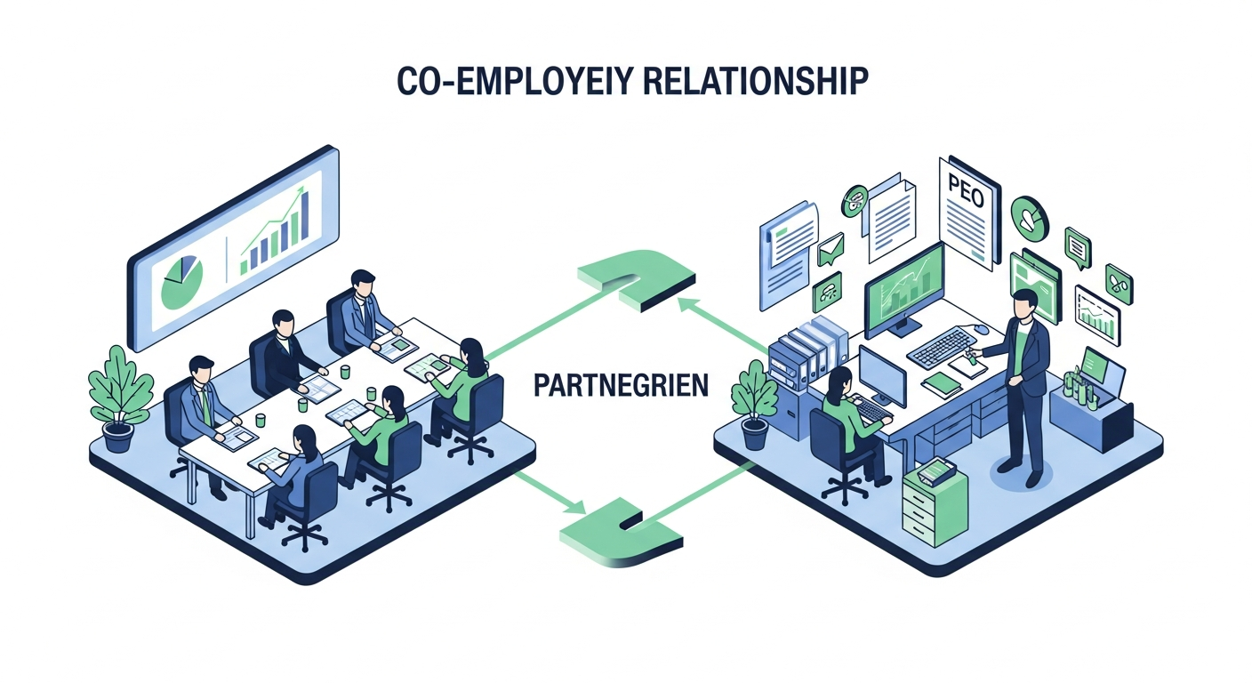A clean, modern business illustration showing the co-employment relationship structure: two distinct entities connected by partnership elements, one representing a company with employees working at desks, the other representing a PEO provider handling administrative documents and systems. Use a professional color scheme with blues and greens. Show visual flow between the two entities with arrows or connecting lines to demonstrate shared responsibilities. Isometric or semi-flat design style, no text or labels.