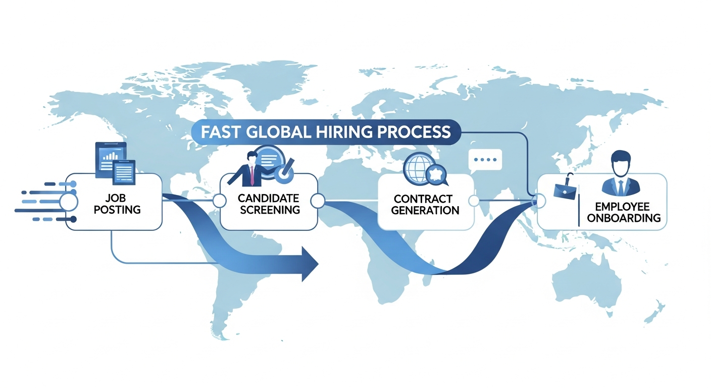 A modern, clean illustration showing a fast global hiring process workflow. Visualize a streamlined timeline with connected nodes representing: job posting, candidate screening, contract generation, and employee onboarding. Use a global context with subtle world map elements in the background. Show speed and efficiency through flowing arrows and a sleek, minimal design. Use a professional color palette with blues, greens, and whites. Isometric or semi-flat illustration style, business-focused, no people's faces, abstract and clean.