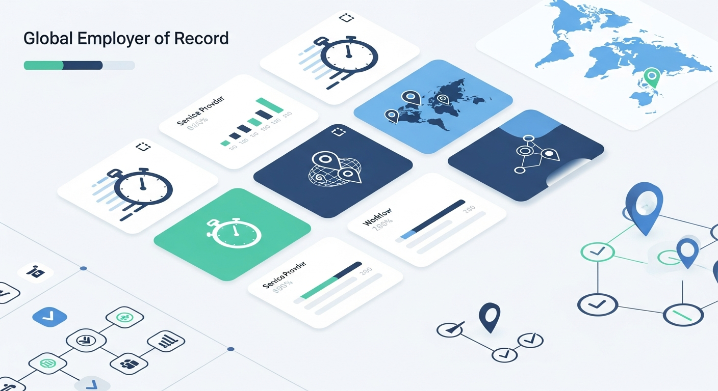 A modern, professional business illustration showing a comparison concept for global employer of record services. Visualize a clean dashboard or interface with multiple service provider cards or tiles arranged in a grid layout. Include abstract representations of speed metrics (stopwatch icons, progress bars), global coverage (world map elements, location pins), and workflow efficiency (checkmarks, connected nodes). Use a professional color palette with blues, greens, and whites. Isometric or semi-flat illustration style, minimalist design with geometric shapes, no text or letters, business-focused and clean.