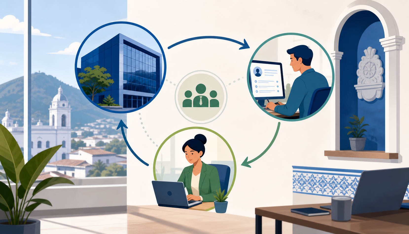A clean flat-style illustration of a modern hiring workflow with three connected figures representing a company, an employer of record intermediary, and a new employee in Latin America, with abstract flow arrows connecting them in a circular process, warm blues and greens color palette, professional office setting in the background with subtle Salvadoran architectural details, minimal and modern design, no text or letters anywhere in the image