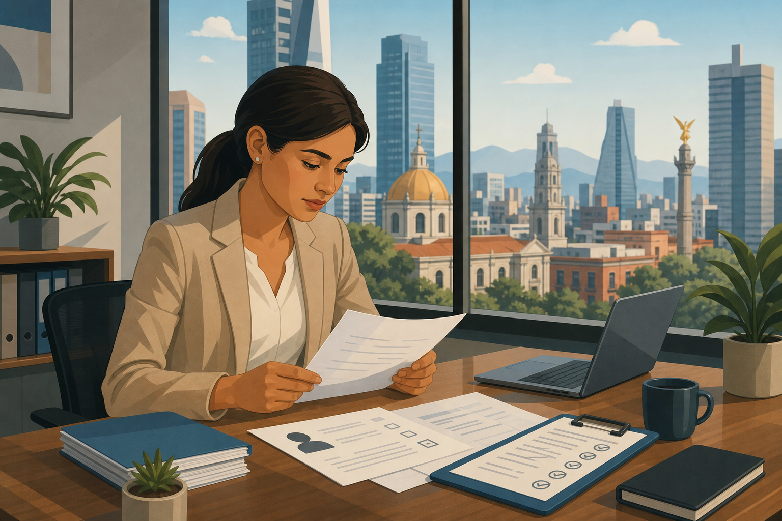 A professional flat-style illustration of a Latin American cityscape with modern office buildings, showing a person at a desk reviewing official documents and a clipboard with checkboxes, representing employment compliance and labor law administration, warm color palette with blues and greens, clean minimal design, no text or letters