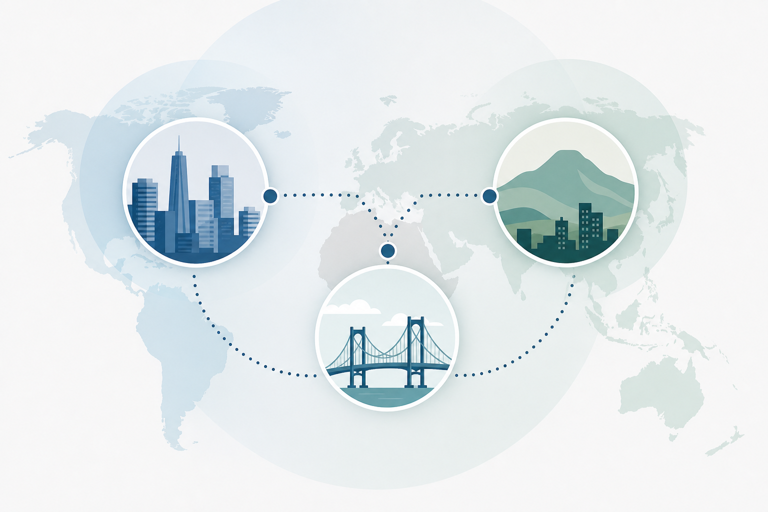 A professional illustration showing a global business connection between a foreign company and a local employee in Africa, with a third-party intermediary entity in the center acting as a bridge — depicted as interconnected circles or nodes with subtle map outlines, clean modern flat design style, muted blues and greens color palette, no people faces shown, abstract corporate visual