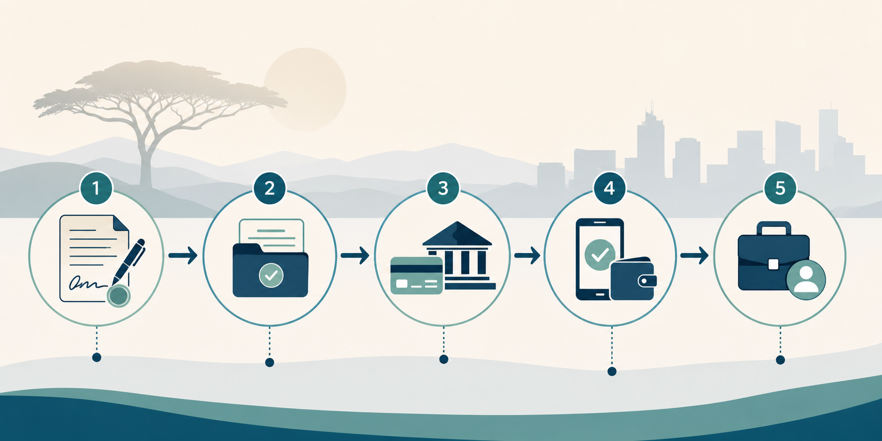 A clean flat design illustration showing a sequential hiring workflow process with connected steps represented as numbered circles linked by arrows, depicting document signing, financial transactions, and onboarding stages, with abstract African landscape silhouette in the background, muted teal and blue color palette, modern minimalist corporate style, no people faces shown, no text or letters anywhere in the image