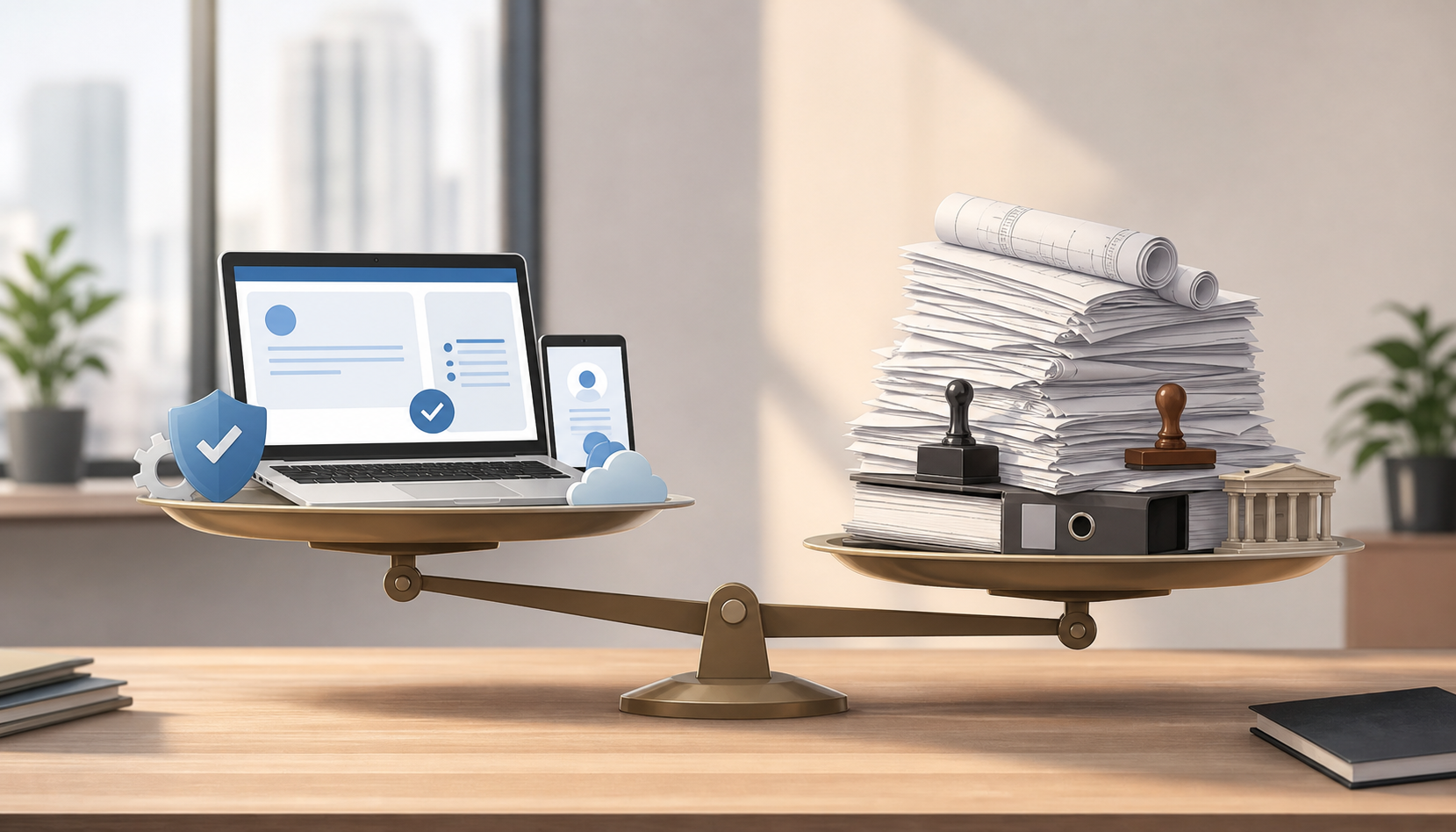 A clean, modern flat illustration showing two balanced scales side by side on a minimalist desk, one side lighter representing a streamlined digital process with a laptop and simple icons, the other side heavier with stacks of physical documents, stamps, and building blueprints, representing bureaucratic entity setup, soft neutral office background with warm lighting, professional business aesthetic, no text, no words, no labels