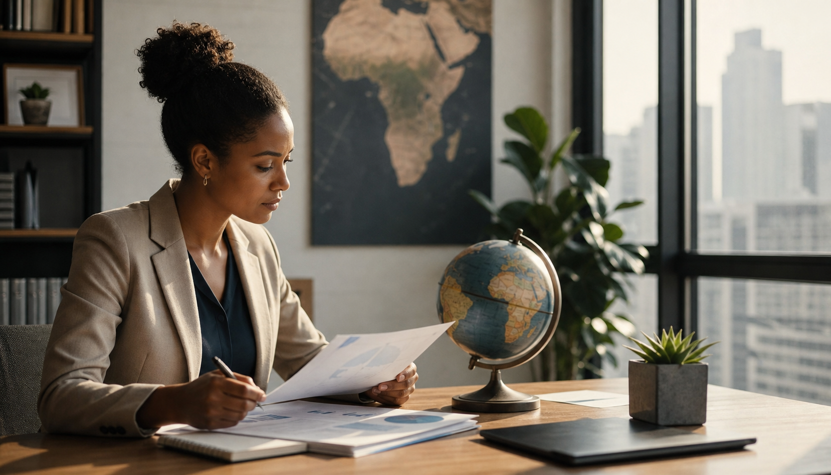 A professional scene showing a person at a modern desk reviewing documents and a globe, representing international employment and global hiring operations, with a map of Africa visible in the background, warm office lighting, clean and minimal aesthetic, no text or labels