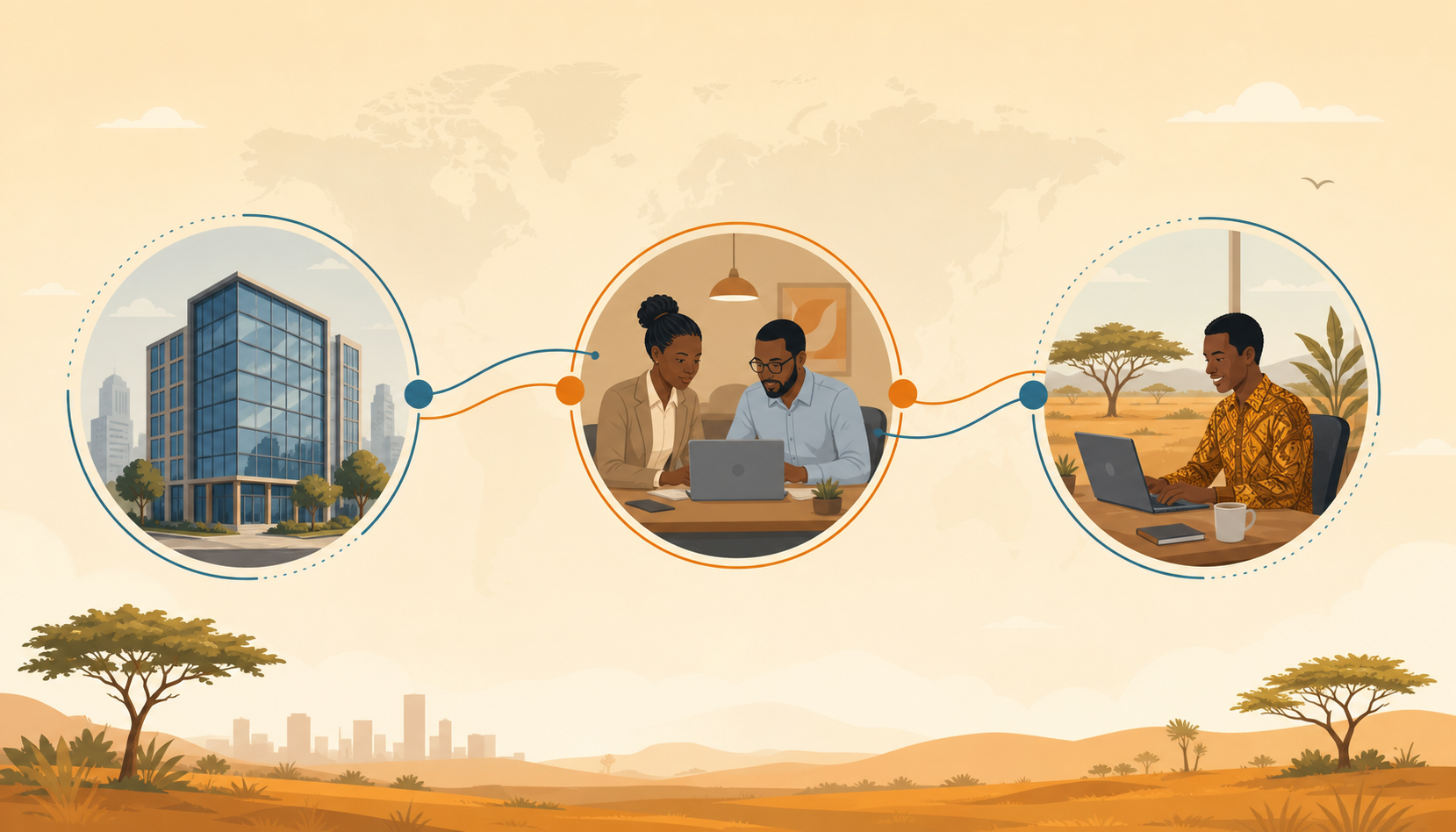 A clean, modern illustration showing a professional workflow between a foreign company headquarters and a local employee in Africa, connected through an intermediary organization, depicted as three distinct nodes linked by smooth flowing lines — corporate office building on the left, a professional services hub in the center, and a person at a modern desk on the right, with warm earthy tones and subtle African landscape elements in the background, flat vector style