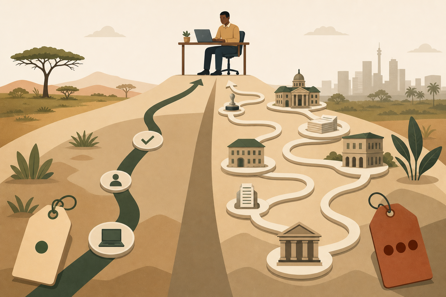 A clean flat vector illustration showing a financial cost comparison concept: on the left side, a simple fast-track path with minimal steps and a small price tag representing low cost and quick setup; on the right side, a longer, more complex multi-step bureaucratic path with multiple buildings, documents, and a larger price tag representing higher fixed overhead. Both paths lead to the same destination — a person at a desk working. Warm earthy tones with subtle African landscape elements in the background, modern minimalist style, no text or labels anywhere.
