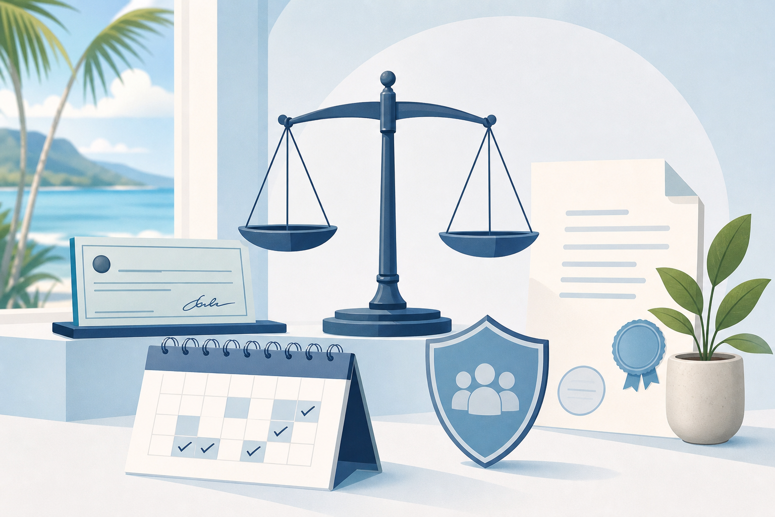 A professional flat-style illustration depicting employment compliance and labor law concepts: a balanced scale symbolizing legal obligations, surrounded by icons representing a paycheck, a calendar with leave days marked, a shield for worker protection, and a document with official stamps — all arranged on a clean light blue and white background, with a Caribbean coastal atmosphere suggested by subtle warm colors and natural light, no text or labels anywhere in the image