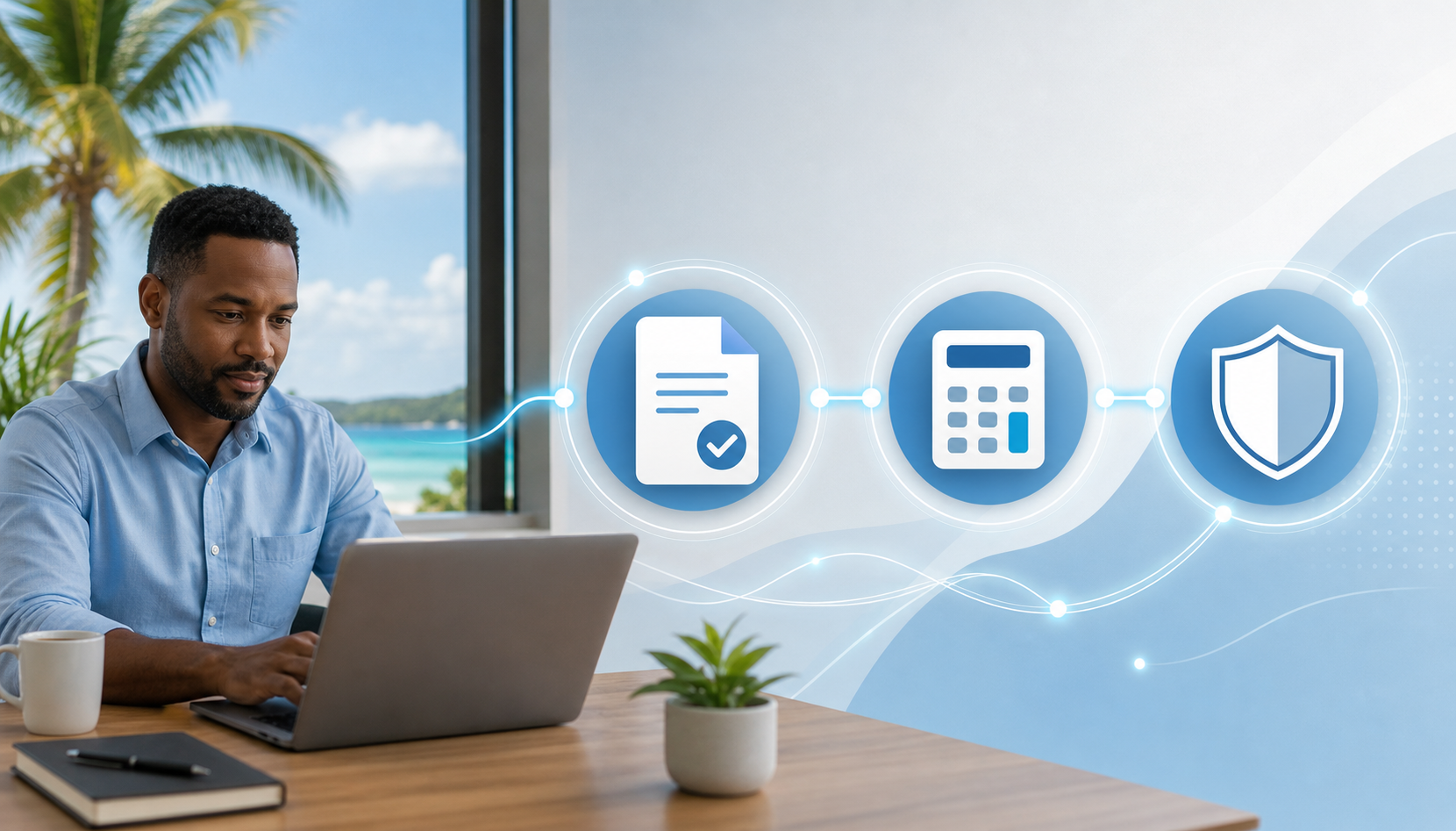 A clean, modern illustration showing a seamless international employee onboarding workflow: a professional person at a laptop in a tropical Caribbean office setting with palm trees visible through a window, connected via glowing digital lines to icons representing a contract document, a payroll calculator, and a shield symbolizing compliance — all arranged in a smooth left-to-right flow on a soft blue and white background, no text or labels
