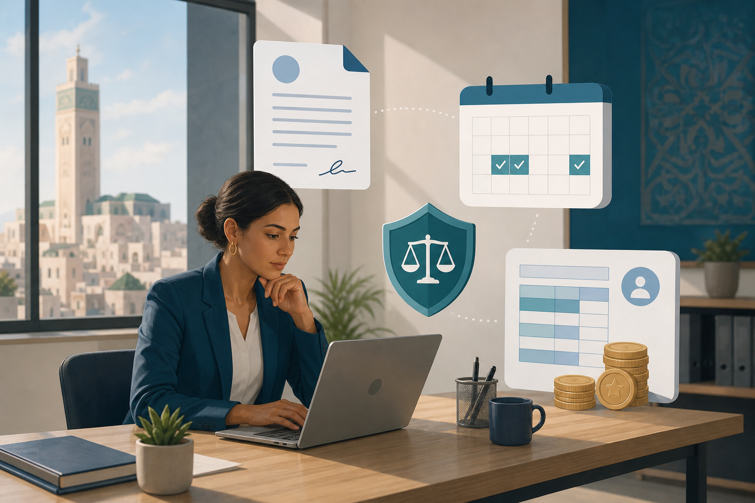A clean flat-design illustration of employment compliance and payroll in a North African business context. A professional figure at a modern desk surrounded by floating icons representing a contract document, a calendar with leave days marked, a shield symbolizing legal protection, and a payroll calculation chart with currency coins. Soft blue and teal color palette, warm Mediterranean light, no text or labels anywhere in the image.
