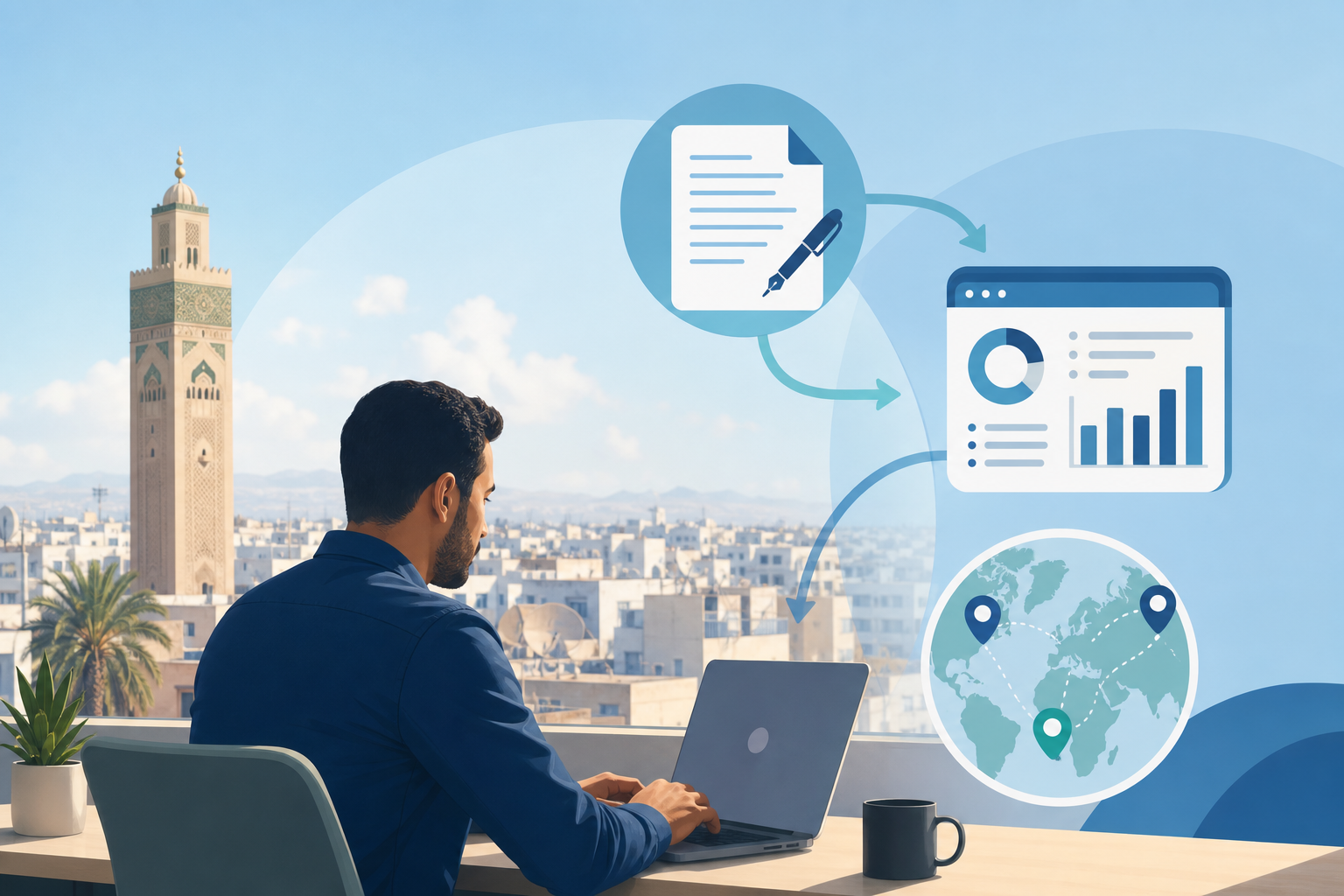 A clean, modern illustration of a seamless international employee onboarding workflow. A person sitting at a laptop in a sunny North African city skyline in the background, connected by smooth flowing arrows to icons representing a contract document, a payroll dashboard, and a globe with location pins. The visual conveys speed, efficiency, and global connectivity. Flat design style with a professional blue and teal color palette, no text or labels anywhere in the image.