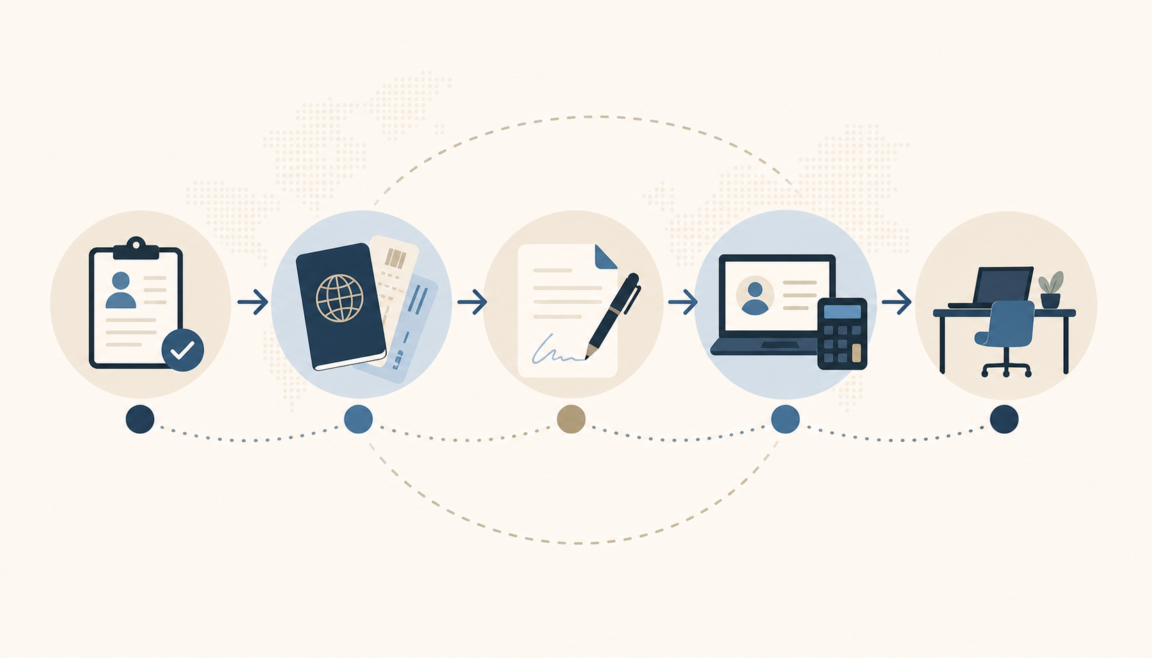 A clean flat design illustration of a streamlined international employee onboarding process — a timeline or flow with abstract steps showing document signing, payroll setup, and a person starting work, connected by smooth arrows, warm neutral tones with subtle blue accents, modern minimalist style, no people faces visible, no text or labels anywhere in the image