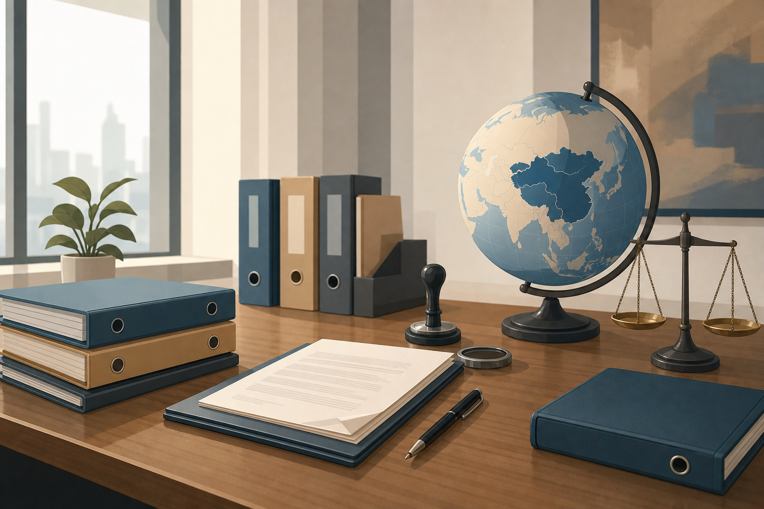 A clean, modern illustration of employment compliance and legal documentation in Central Asia — a professional desk scene with neatly organized contract folders, a stamp seal, and a globe highlighting the region, warm neutral tones, flat design style, no people, no text or labels anywhere in the image