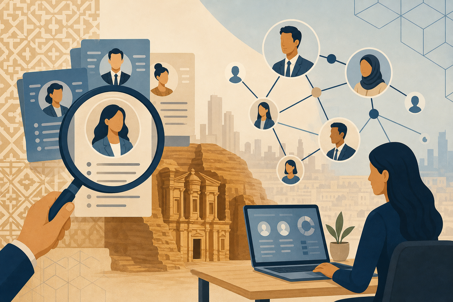 A professional illustration representing talent recruitment and sourcing in Jordan, featuring stylized icons of diverse professionals, magnifying glass over resumes, network connection lines linking candidate silhouettes, subtle geometric patterns inspired by Jordanian architecture, warm sandstone and blue color palette, clean modern vector style, no text or letters