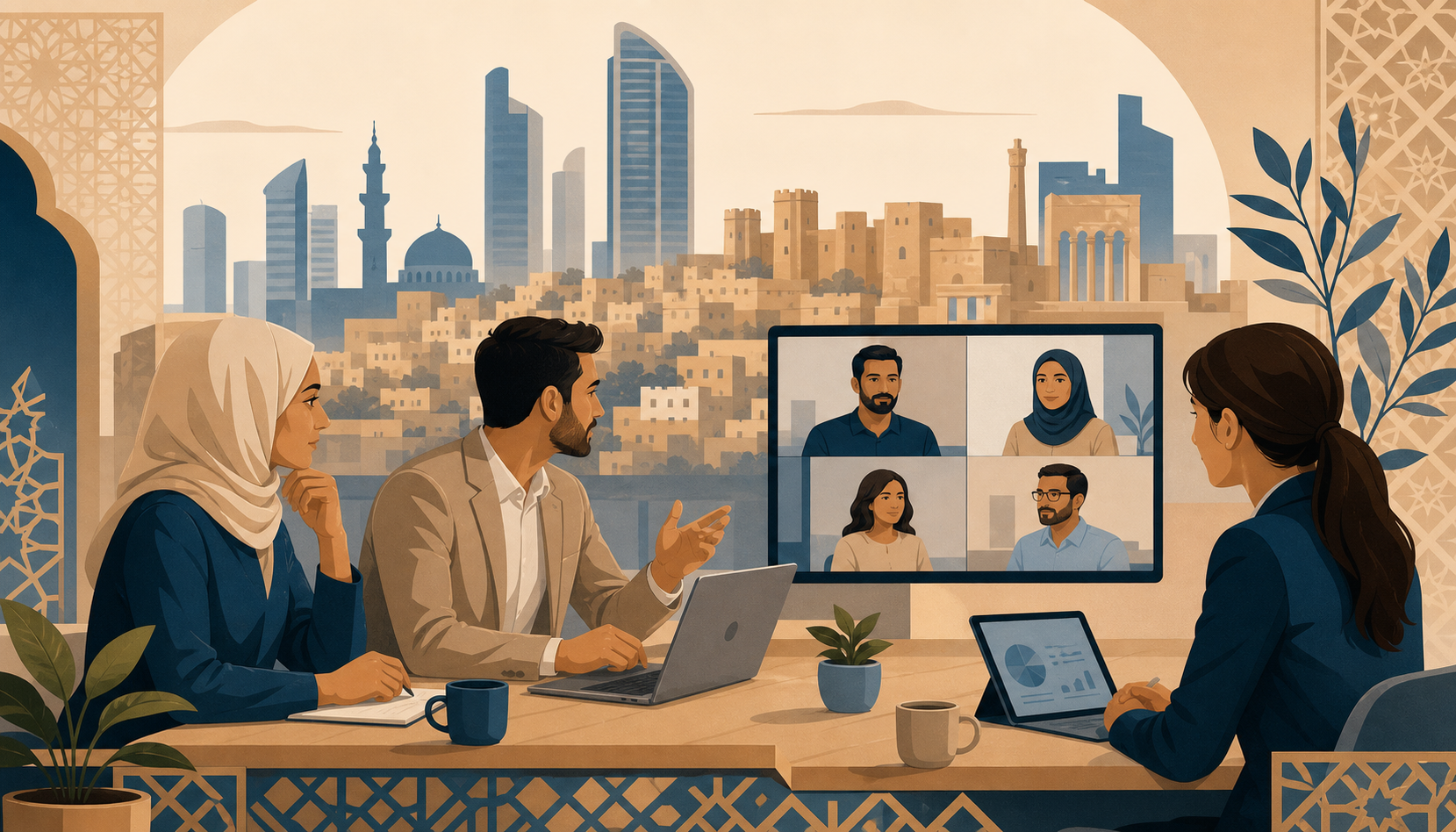 A professional illustration representing modern business collaboration in Jordan, featuring a stylized skyline silhouette of Amman with contemporary office buildings, subtle geometric patterns inspired by Jordanian architecture, warm sandstone and blue color palette, conveying partnership and remote work, no text or letters, clean modern vector style