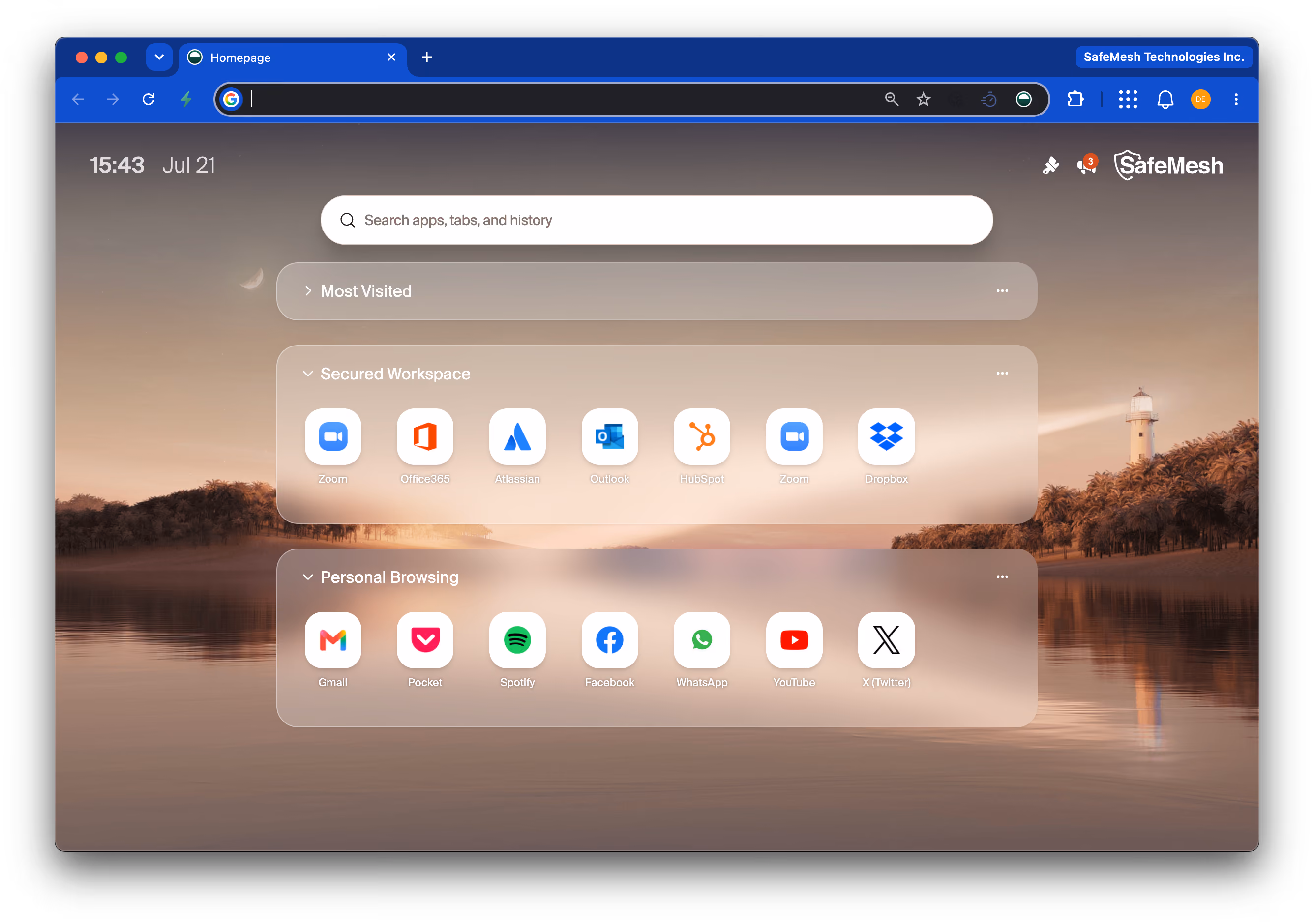 Real screenshot of the Island Enterprise Browser showing a SafeMesh workspace with secured work apps above and personal browsing below