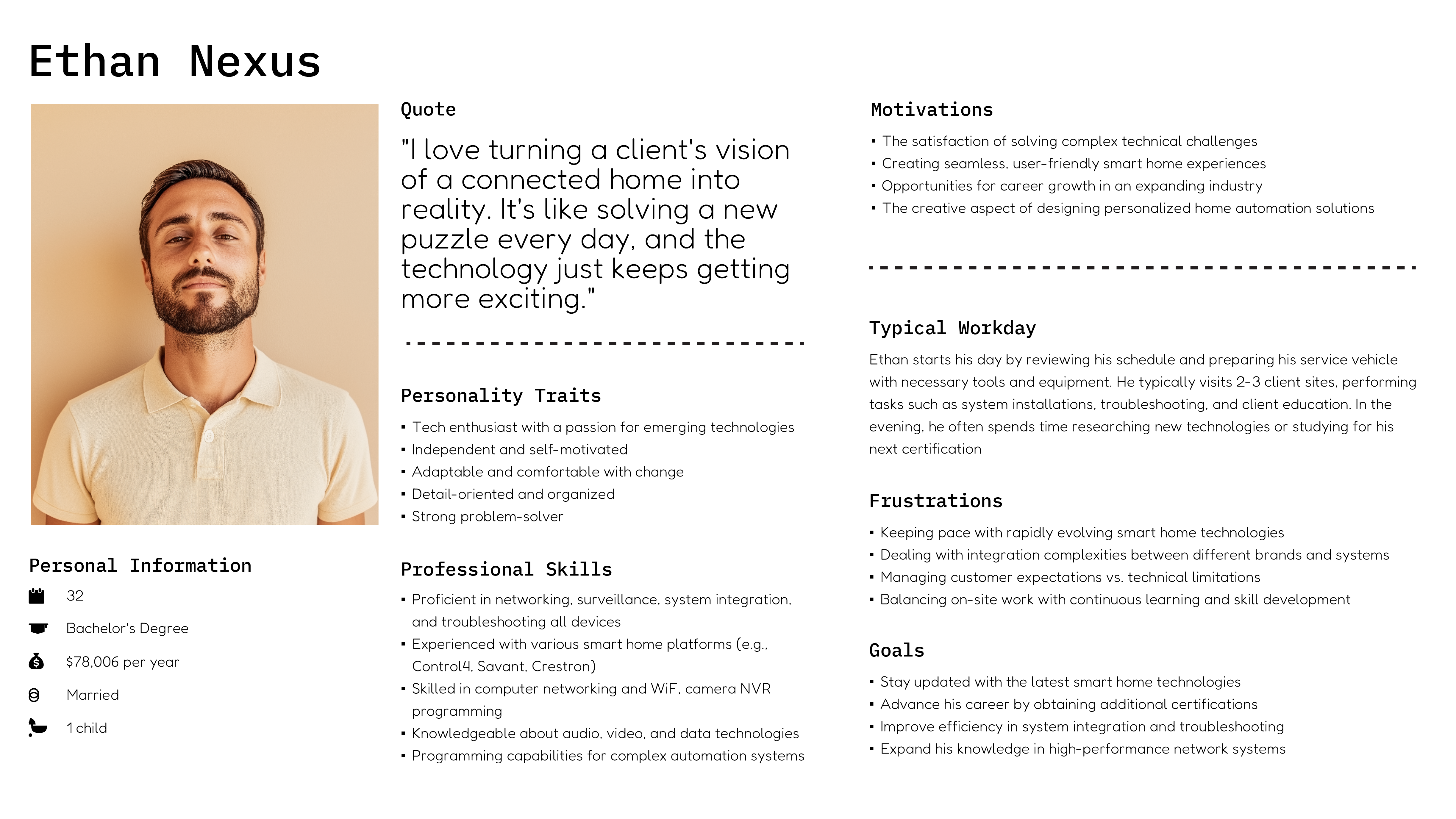 Persona profile of Ethan Nexus, a 32-year-old smart home technician with tech skills, motivations, frustrations, and daily routines.