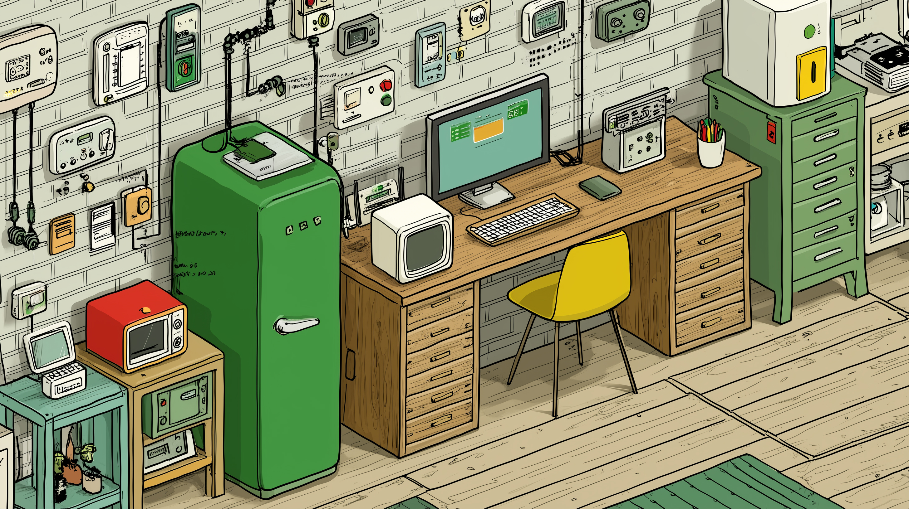Colorful illustrated workshop with vintage tech, computers, meters, a fridge, desk, yellow chair, and wall-mounted devices.