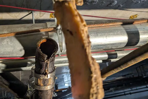 Close-up view of corroded and rusted vertical metal pipe with clamps around it, amidst other industrial pipes and cables in a basement or utility area.