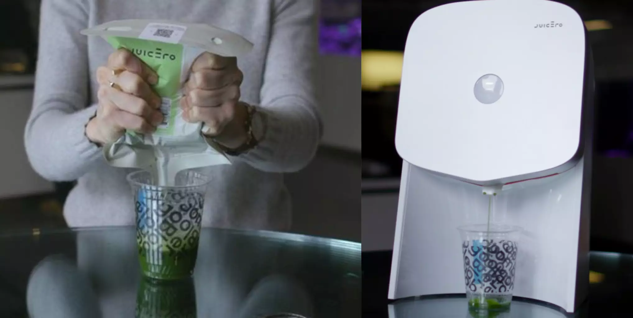 Juicero - woman squeezing with hands and image of the machine