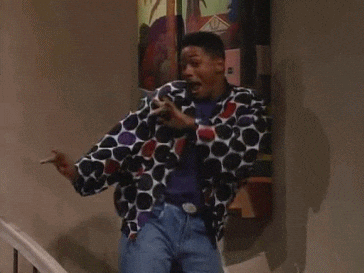 Will Smith as Fresh Prince of Bel-Air celebrating and dancing