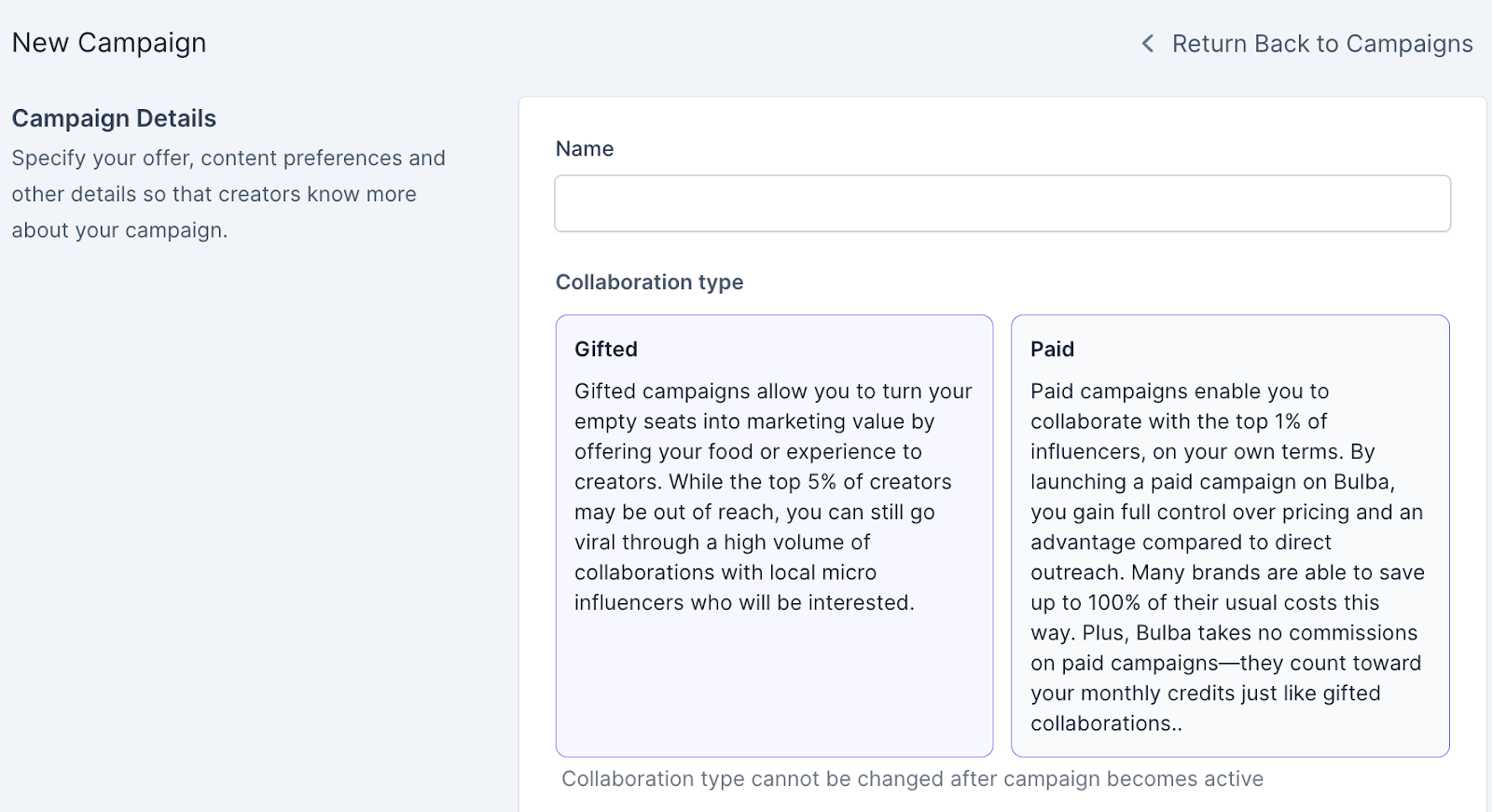 Gifted and Paid campaigns on Bulba