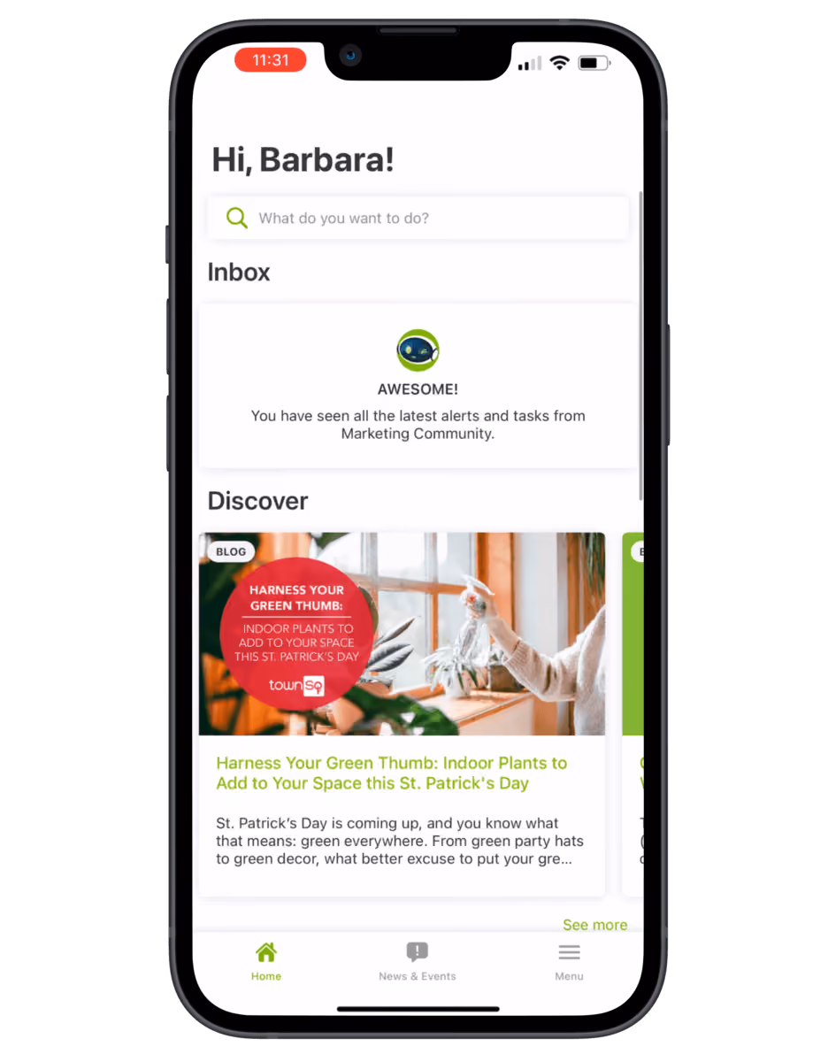 Mobile app home screen greeting user Barbara with inbox alert and a blog article about St. Patrick's Day indoor plants under Discover section.