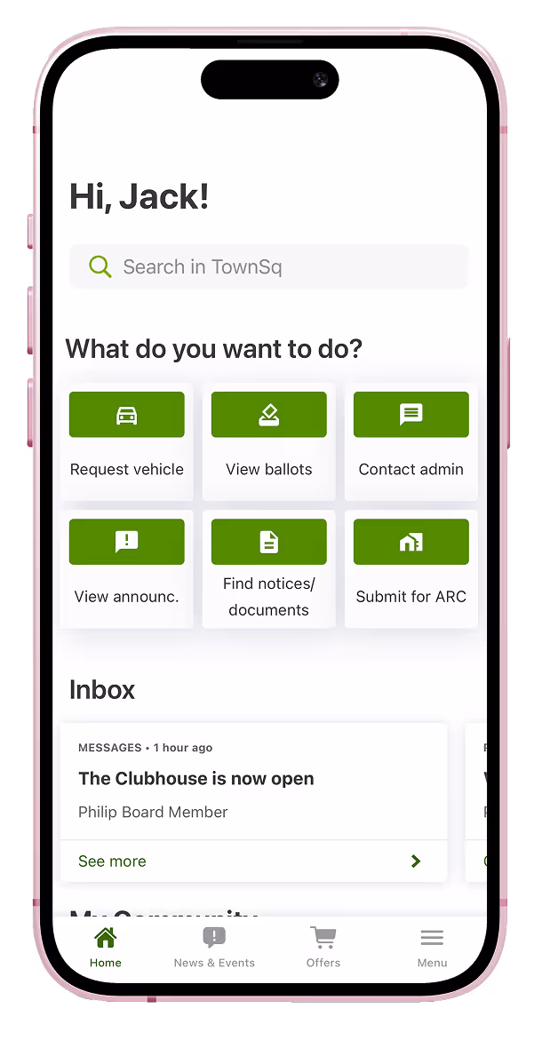 A smartphone displaying the TownSq home screen with quick access options for vehicles, ballots, admin contact, and documents.
