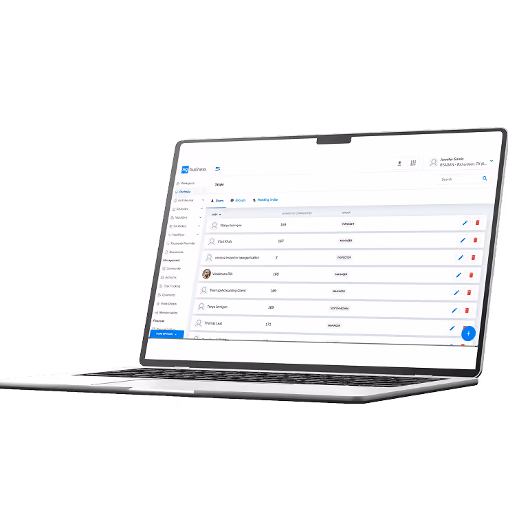 Laptop interface showing team member management screen with user roles and community assignments.