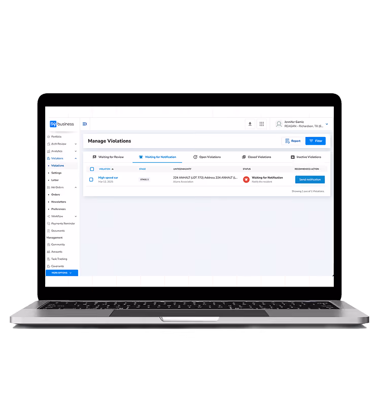 Front-facing screen of laptop showing a violations management dashboard with notification options.