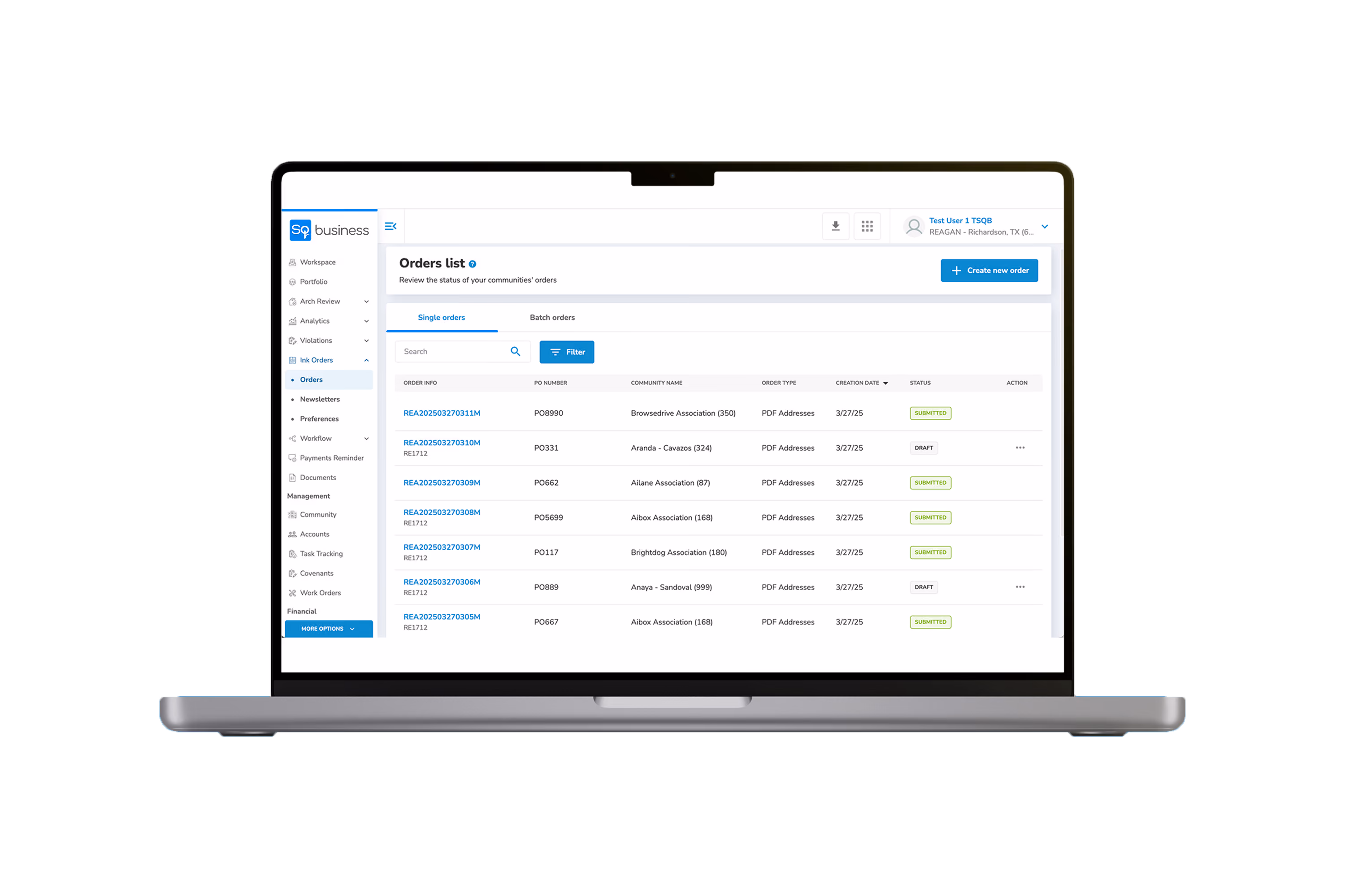 Laptop screen displaying an orders list interface with columns for order info, PO number, community name, order type, creation date, status, and action, showing multiple PDF address orders with statuses submitted or draft.