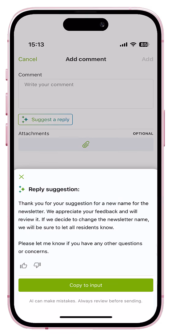 TownSq Add Comment Screen with AI Reply Suggestion on Mobile