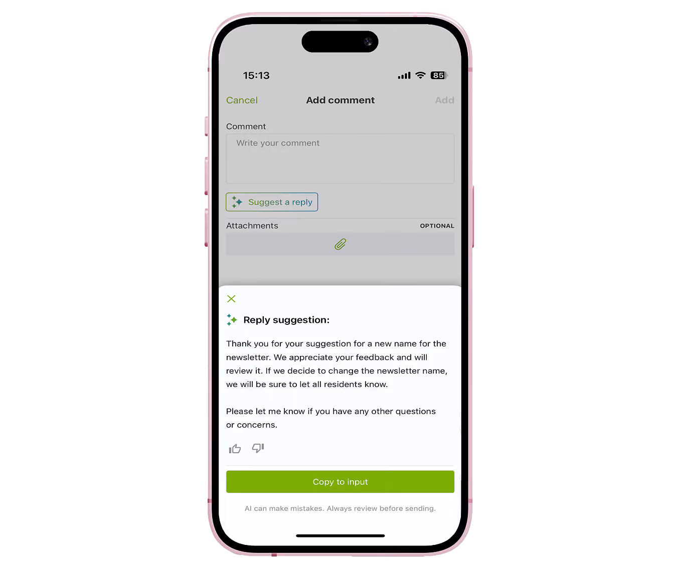 Mobile app screen showing an Add comment interface with a text box, Suggest a reply button, optional attachment area, and a reply suggestion message box with text and options to like, dislike, or copy the suggestion.