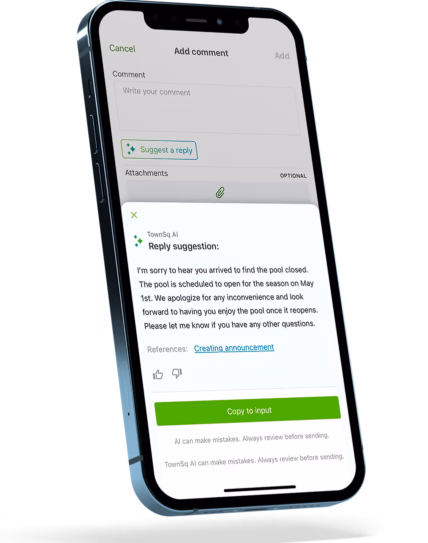 TownSQ AI suggest reply in a mobile phone mock