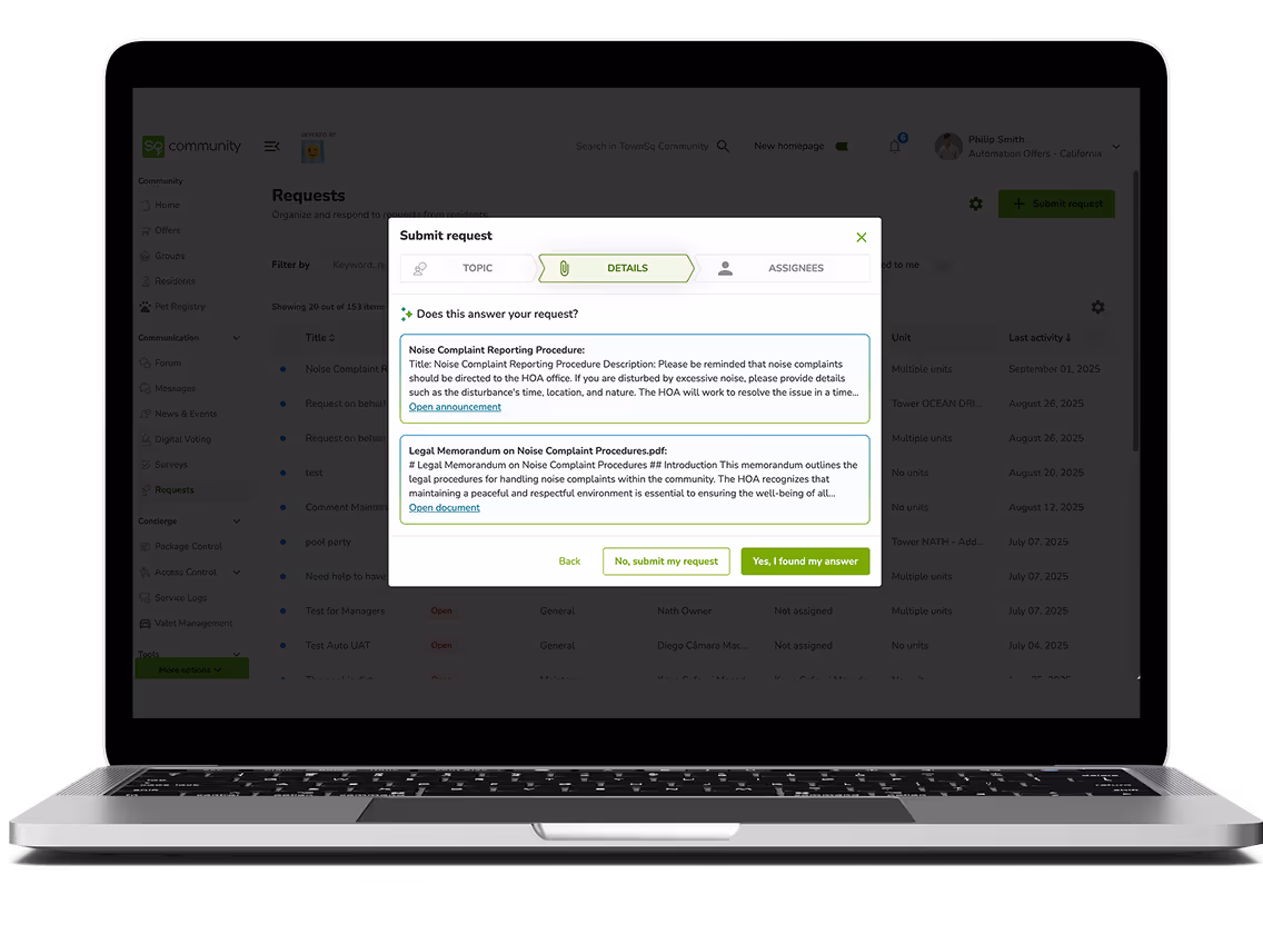laptop mock up of townsq AI submitting a request