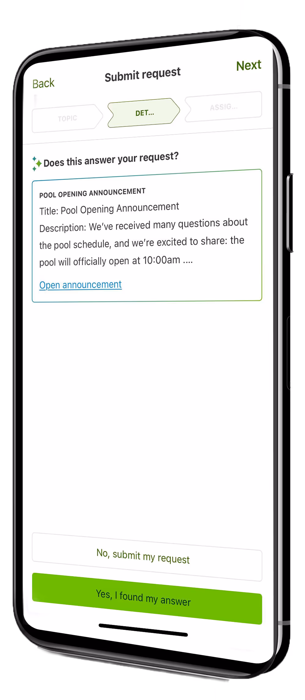 Mobile screen showing a submit request form asking if the pool opening announcement answers the user's request, with options to submit the request or confirm the answer.