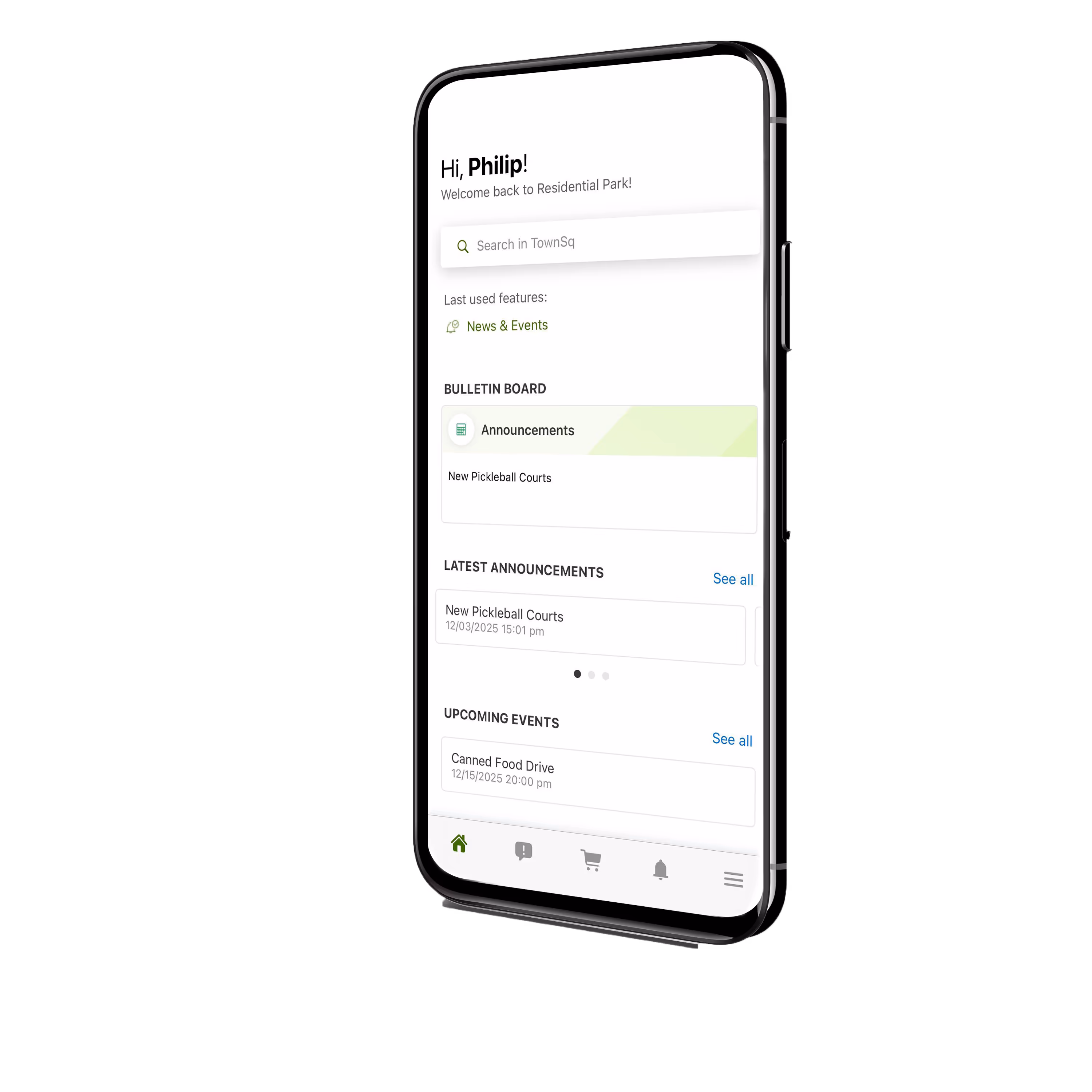 Mobile app screen welcoming user Philip, showing search bar, news and events, bulletin board with new pickleball courts announcement, latest announcements, and upcoming canned food drive event.