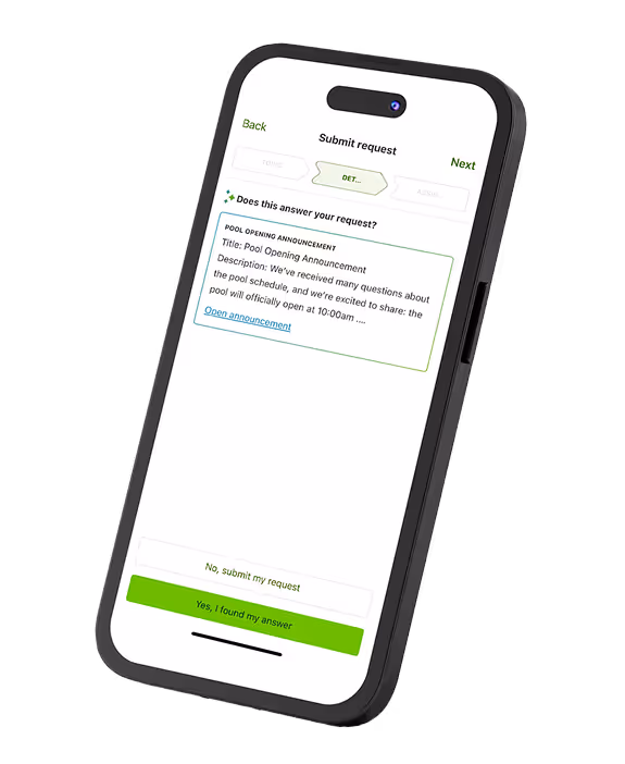 Smartphone screen showing a 'Submit request' interface with a highlighted pool opening announcement including title, description, and options to submit or confirm the answer.