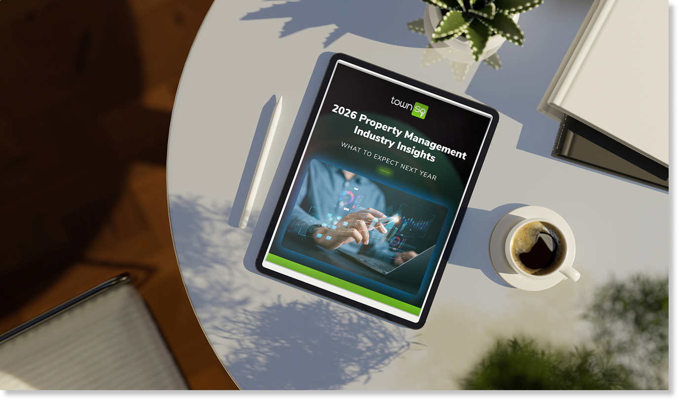 TownSP 2026 Property Management Industry Insights report - What to Expect Next Year guide on tablet device
