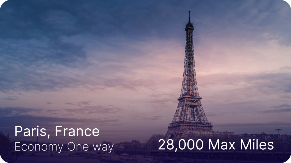 Eiffel Tower in Paris, France at sunset with text showing Economy One way and 28,000 Max Miles.