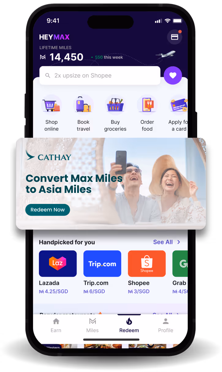 Mobile app interface showing options like shop online, book travel, buy groceries, and order food; a banner advertising Cathay's Convert Max Miles to Asia Miles with a Redeem Now button; and handpicked offers including Lazada, Trip.com, Shopee, and Grab.