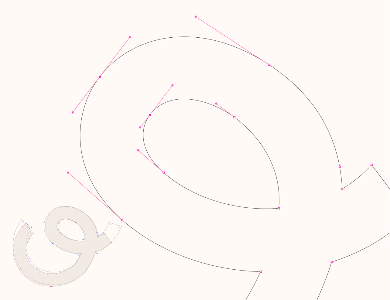 Vector graphic design showing anchor points and handles outlining letter O's spiral shape on a beige background.