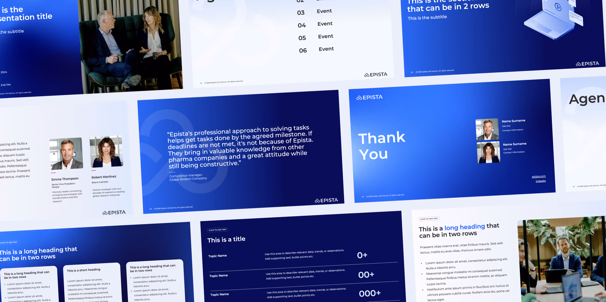 Multiple slides from a professional business presentation PowerPoint template featuring blue backgrounds, photos of team members, text sections with headings, quotes, agenda lists, and a thank you slide.