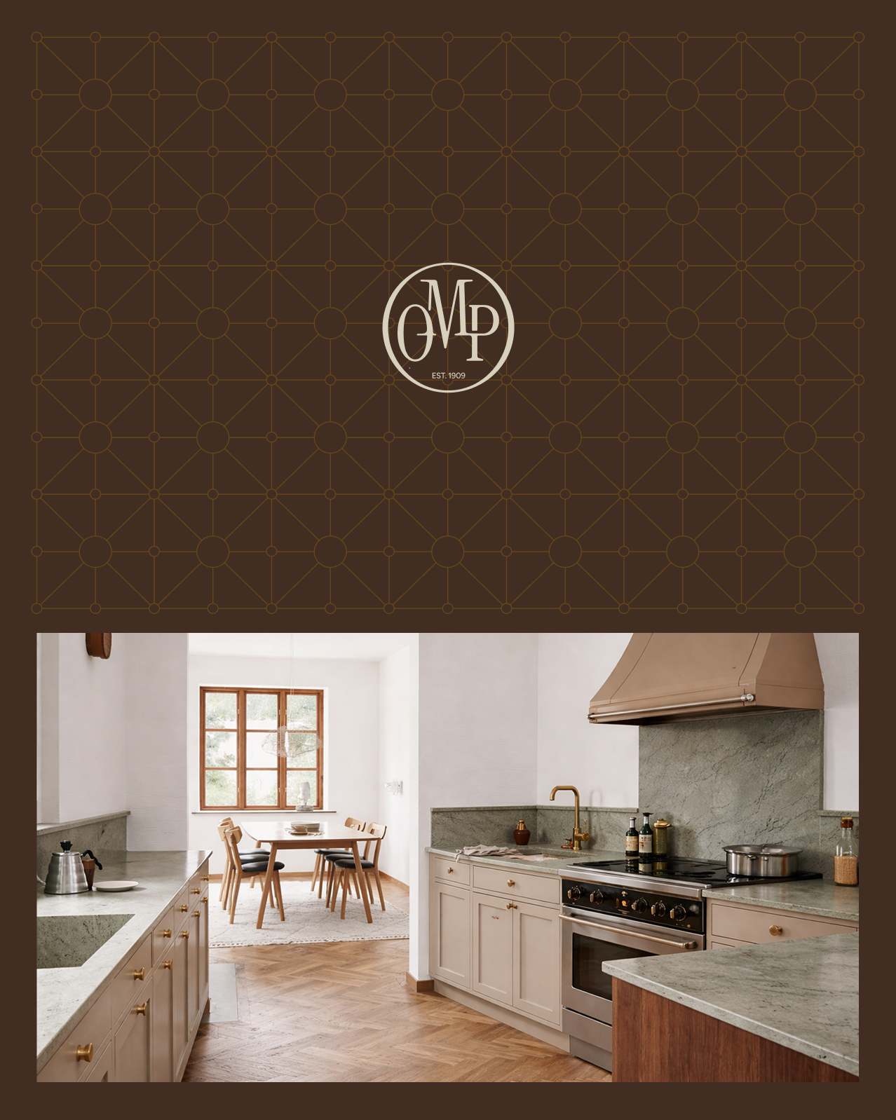 Modern kitchen with beige cabinets, marble countertops, brass fixtures, and a dining area with wooden chairs and table by a window.