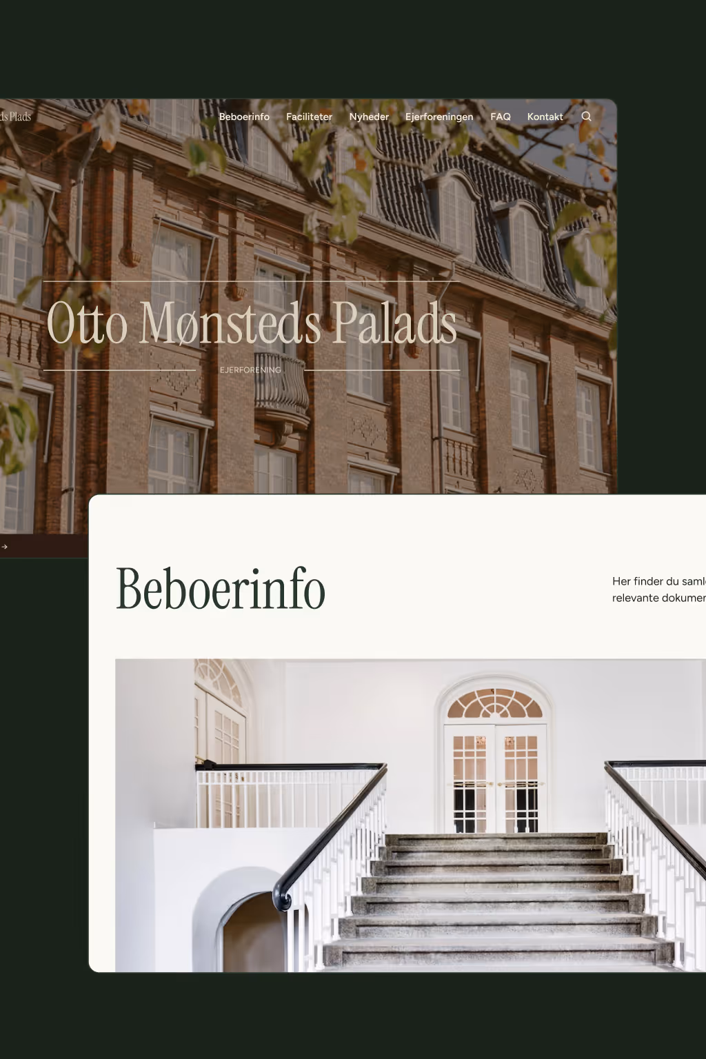 Webpage screenshots of Otto Mønsteds Palads featuring an exterior building photo and an interior staircase with plant.